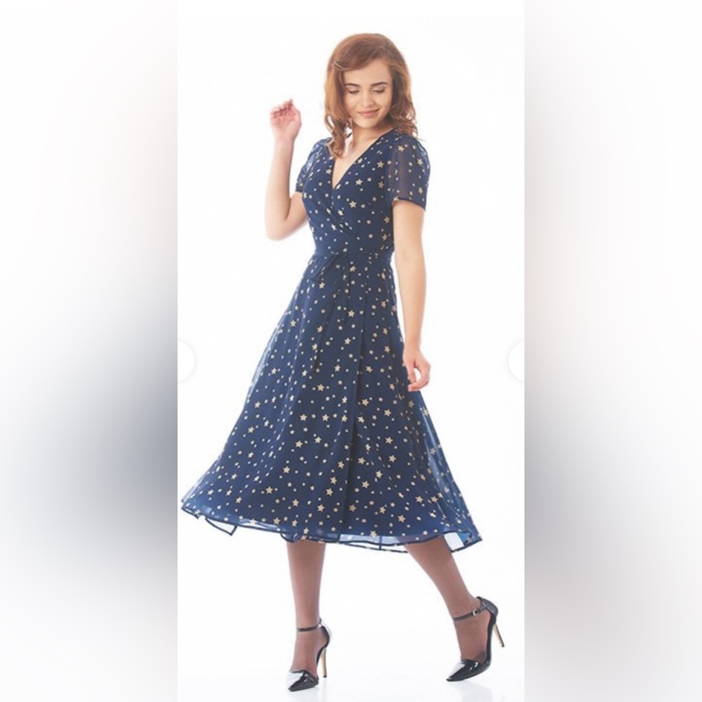 Star Print Georgette Midi Wrap Dress Sz 14 L